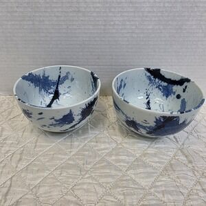 Miya Made in Japan Blue Sumi Splash Paint Abstract Art Porcelain Rice Bowls‎